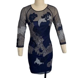 Karen Millen Blue Mesh Sheath Dress with Lace Appliqué Size 2